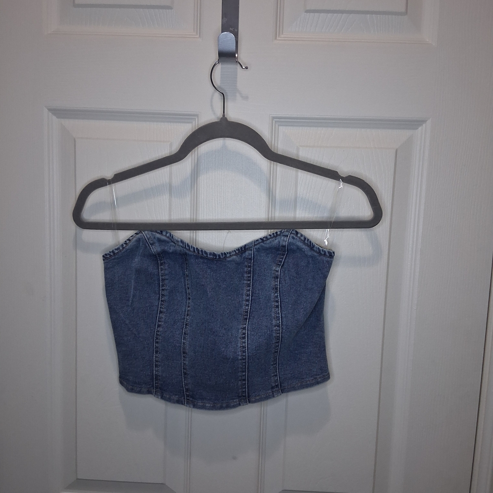 Timing Denim Blue Strapless Crop Top